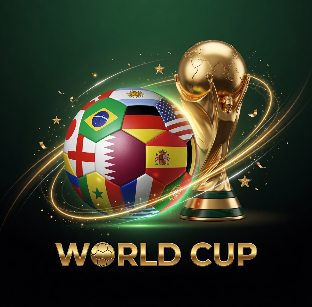 World Cup trophy and football with national flags